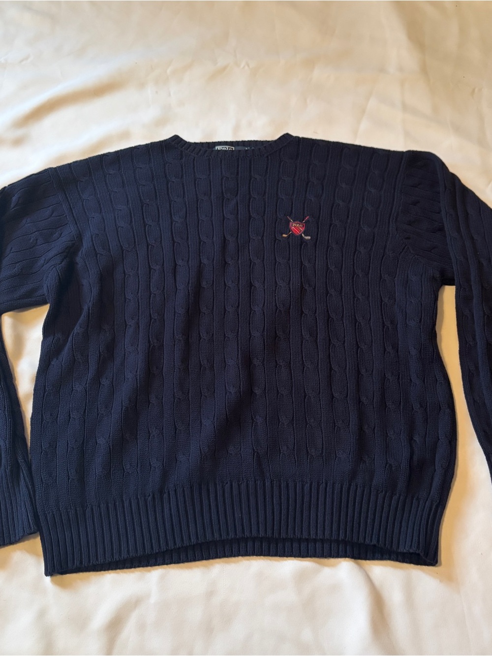 Ralph Lauren Navy Cable Crewneck Sweater with Embroidered Crest